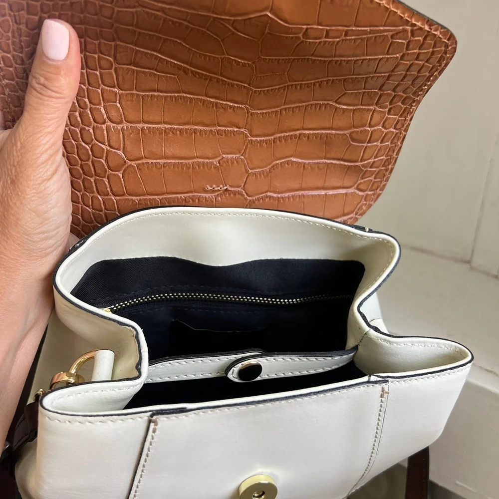House of Harlow 1960 Cream and Brown Croc-Embossed Top Handle Backpack